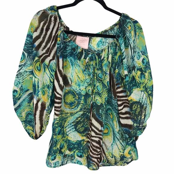 Romeo & Juliet Couture peacock zebra blouse puff balloon sleeves S - Picture 3 of 8